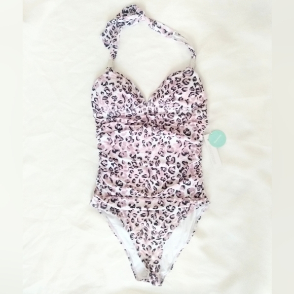 Beautikini Pink Leopard Print One-Piece Swimsuit Tummy Control NWT M - Picture 1 of 3